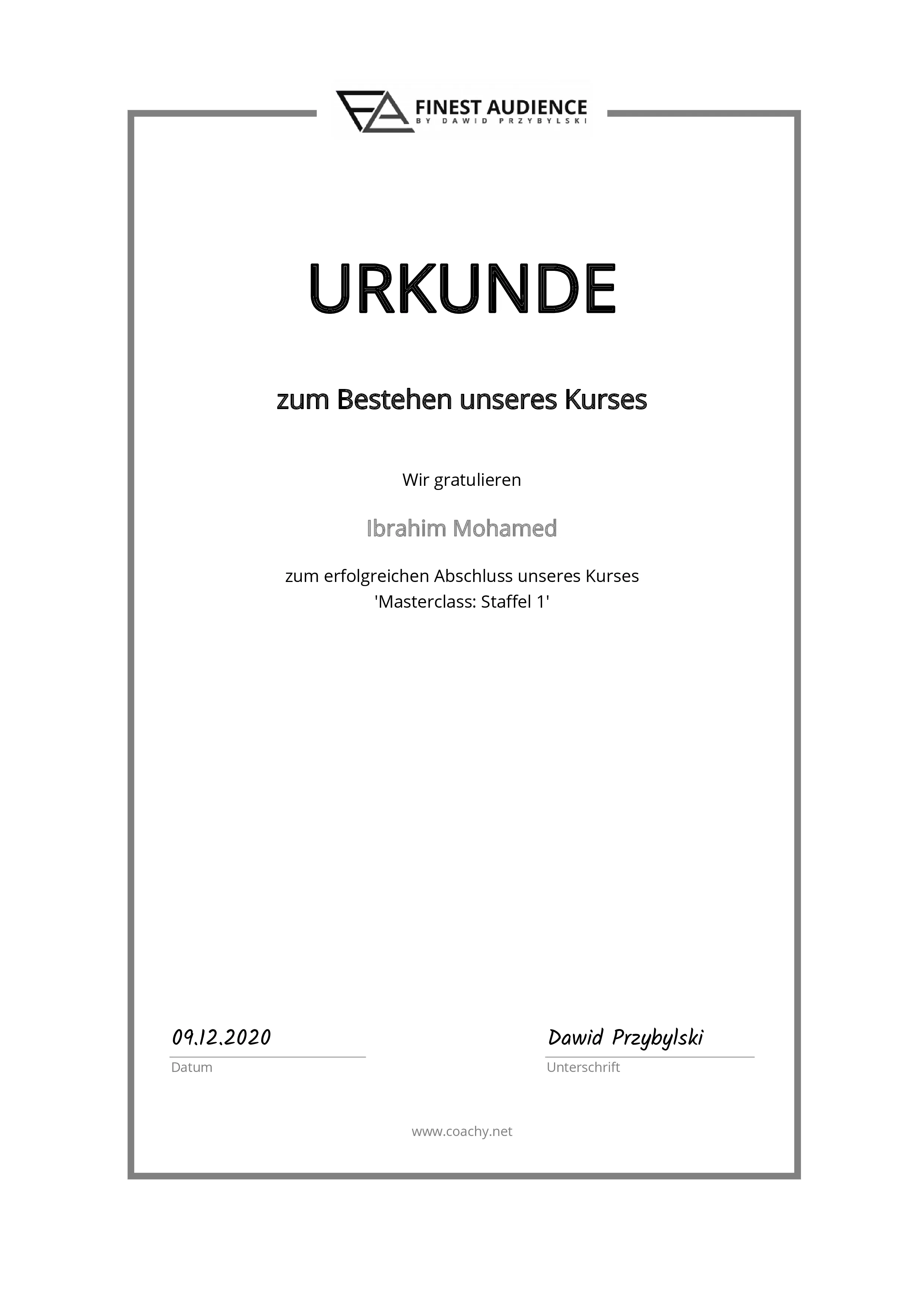 Urkunde Masterclass Staffel 1
